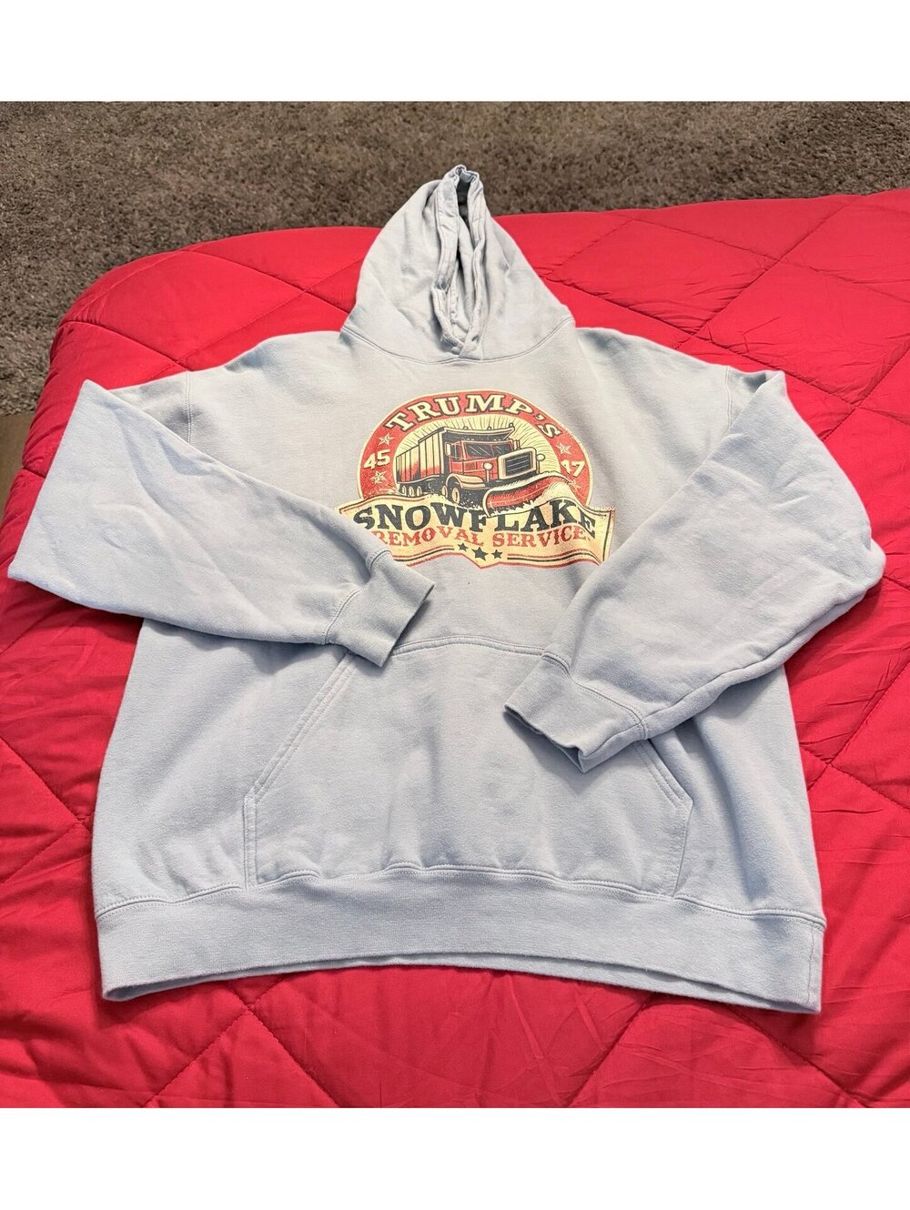 Gildan Trump’s Snowflake Removal Service Graphic Hoodie Light Blue Men’s Large